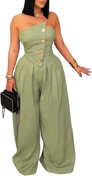 SHINFY Women Summer Strapless Wide Leg Jumpsuits Loose Casual Off Shoulder Tube Top Sexy One Piece Romper