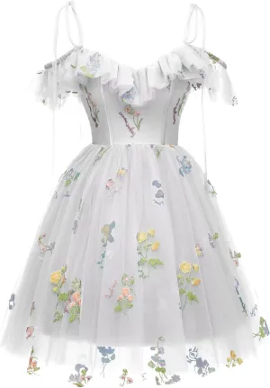 Short Homecoming Dresses for Teens Flower Embroidery Tulle Spaghetti Strap Knee Length Daisy Floral Prom Dresses