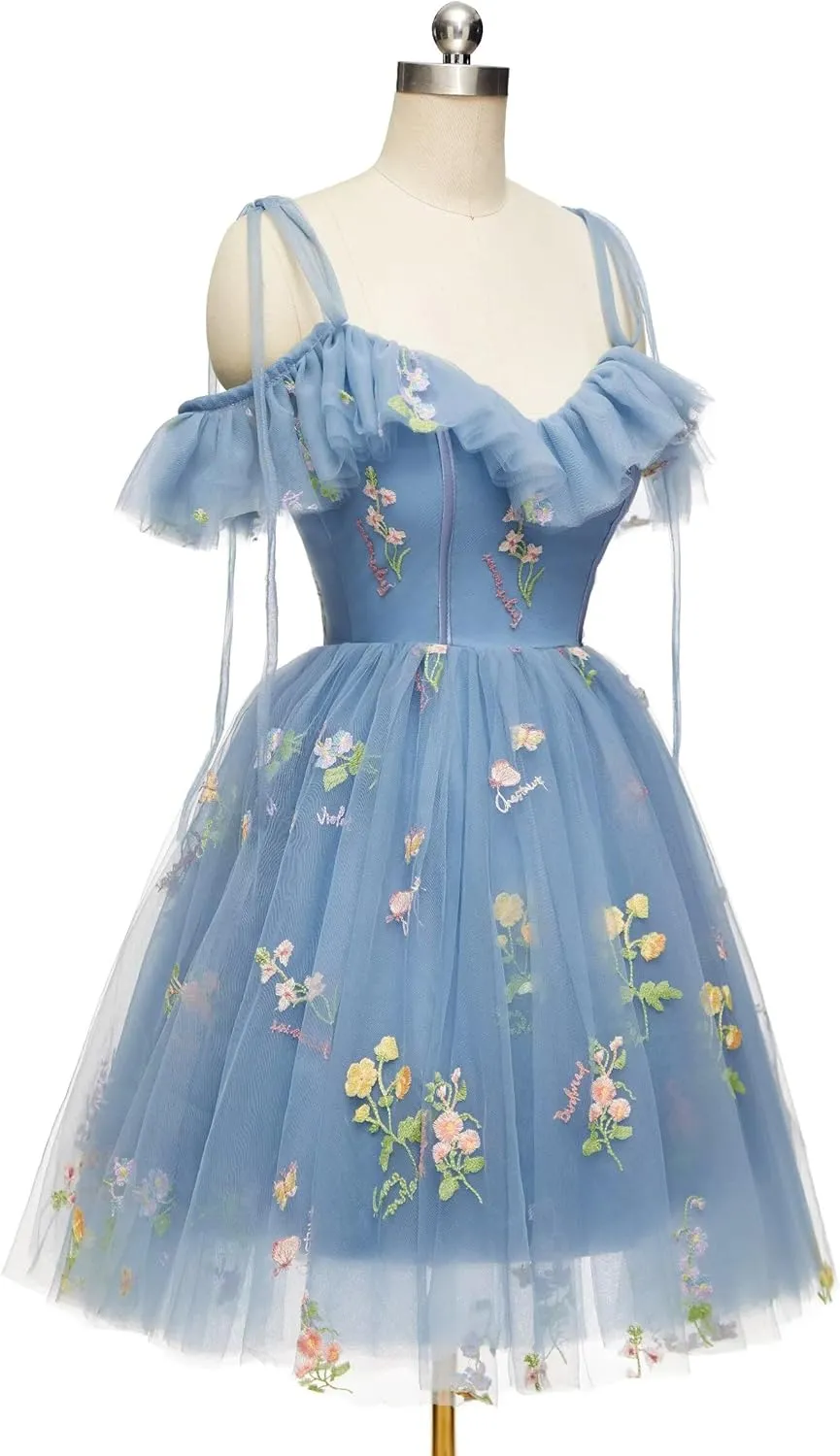 Short Homecoming Dresses for Teens Flower Embroidery Tulle Spaghetti Strap Knee Length Daisy Floral Prom Dresses
