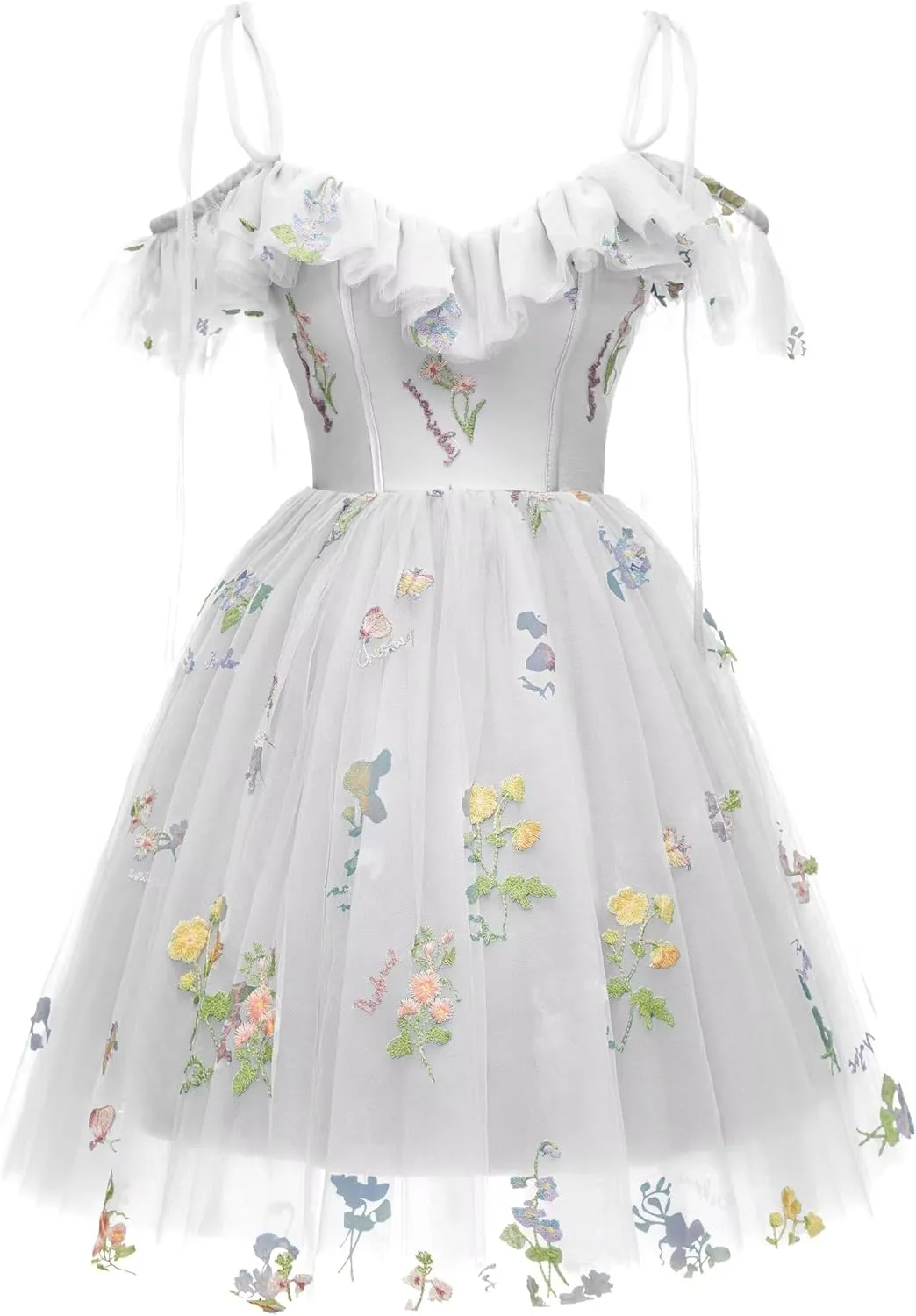 Short Homecoming Dresses for Teens Flower Embroidery Tulle Spaghetti Strap Knee Length Daisy Floral Prom Dresses