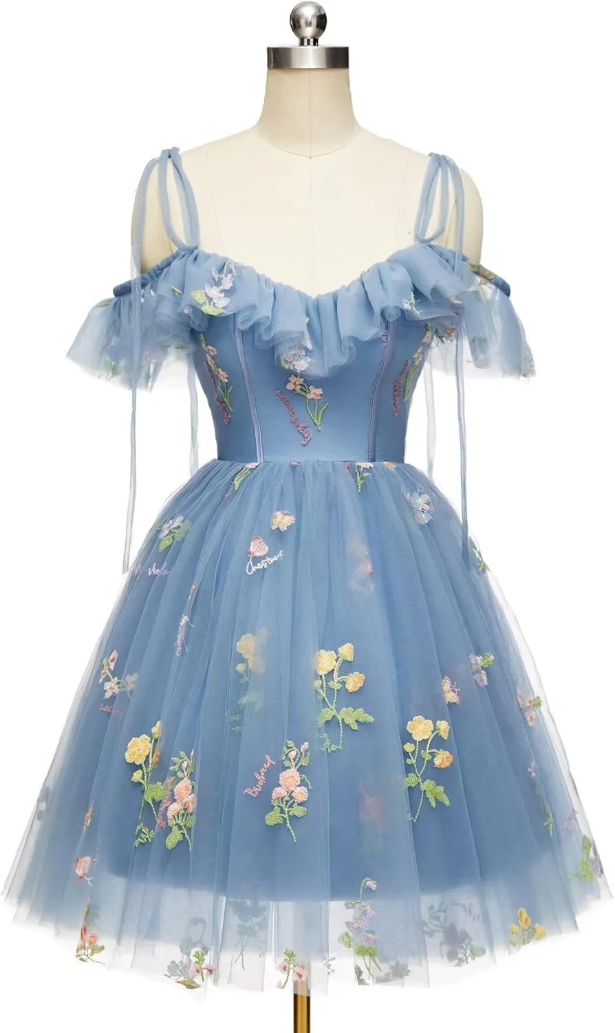 Short Homecoming Dresses for Teens Flower Embroidery Tulle Spaghetti Strap Knee Length Daisy Floral Prom Dresses