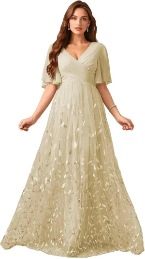 Short Sleeves Mother of The Bride Dresses for Wedding Long Chiffon V Neck Leaf Formal Evening Gowns