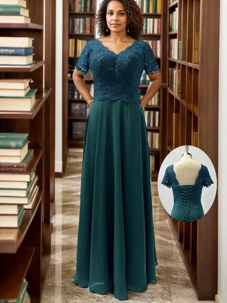 Short Sleeves Mother of The Bride Dresses V-Neck Laces Formal Evening Gowns for Women A-line Mother of The Groom Dress