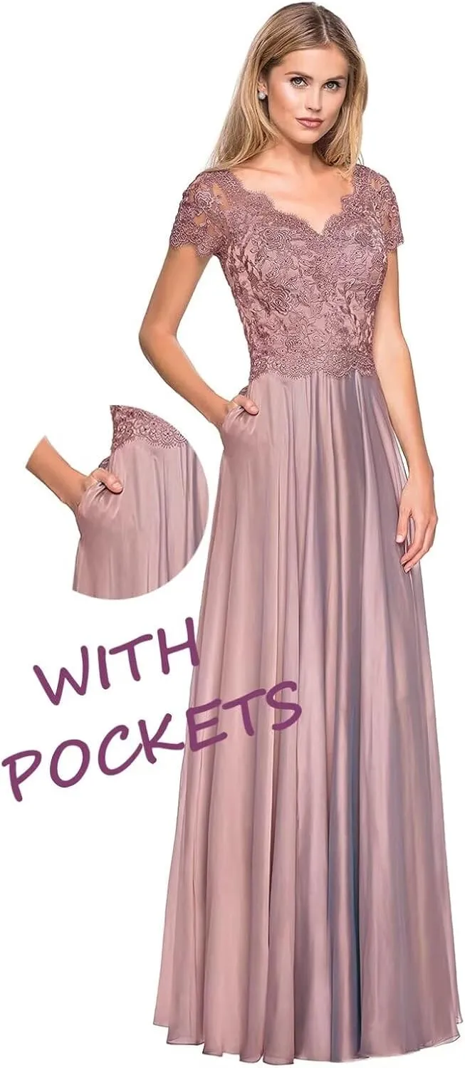 Short Sleeves Mother of The Bride Dresses V-Neck Laces Formal Evening Gowns for Women A-line Mother of The Groom Dress