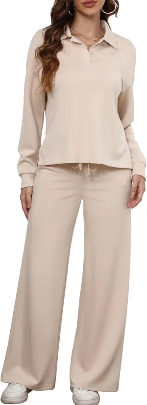 Simple Flavor Women's 2 Piece Outfits Sweatsuit Oversized Button Sweatshirt Wide Leg Sweatpants Matching Lounge Set Tracksuit