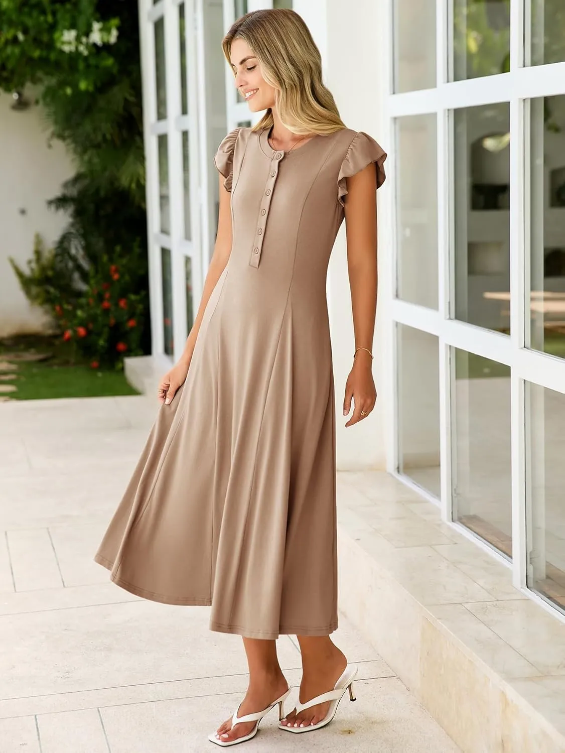 Simplee Womens Summer Casual Dress - Short Sleeve Button Crewneck A-Line Flowy Fit and Flare Beach Midi Dress