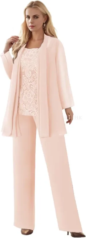 SIPUHK 3 Pieces Mother of The Bride Pantsuits with Jackets Long Sleeve Chiffon Outfit Lace Formal Pant Suits for Women Dressy