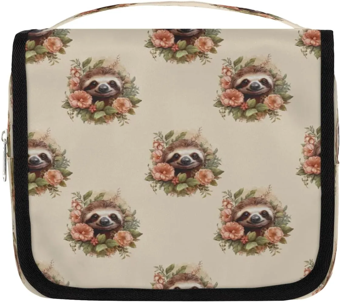 Sloth Flowers Hanging Travel Toiletry Bag Cosmetic Bag Portable Wash Bag with Hook for Bathroom Accessories Toiletries Cosmetics