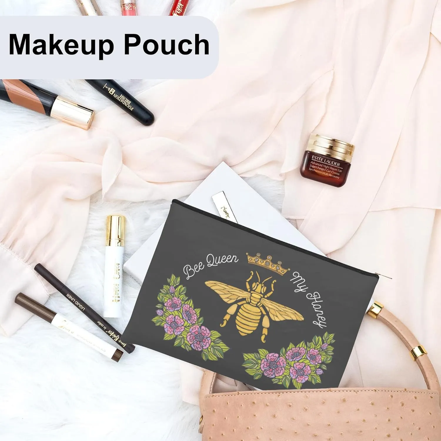 Small Makeup Bag Bee Crown Flowers Cosmetic Bag for Women Portable Purse Travel Toiletry Bag Accessories Organizer Zipper Pouch