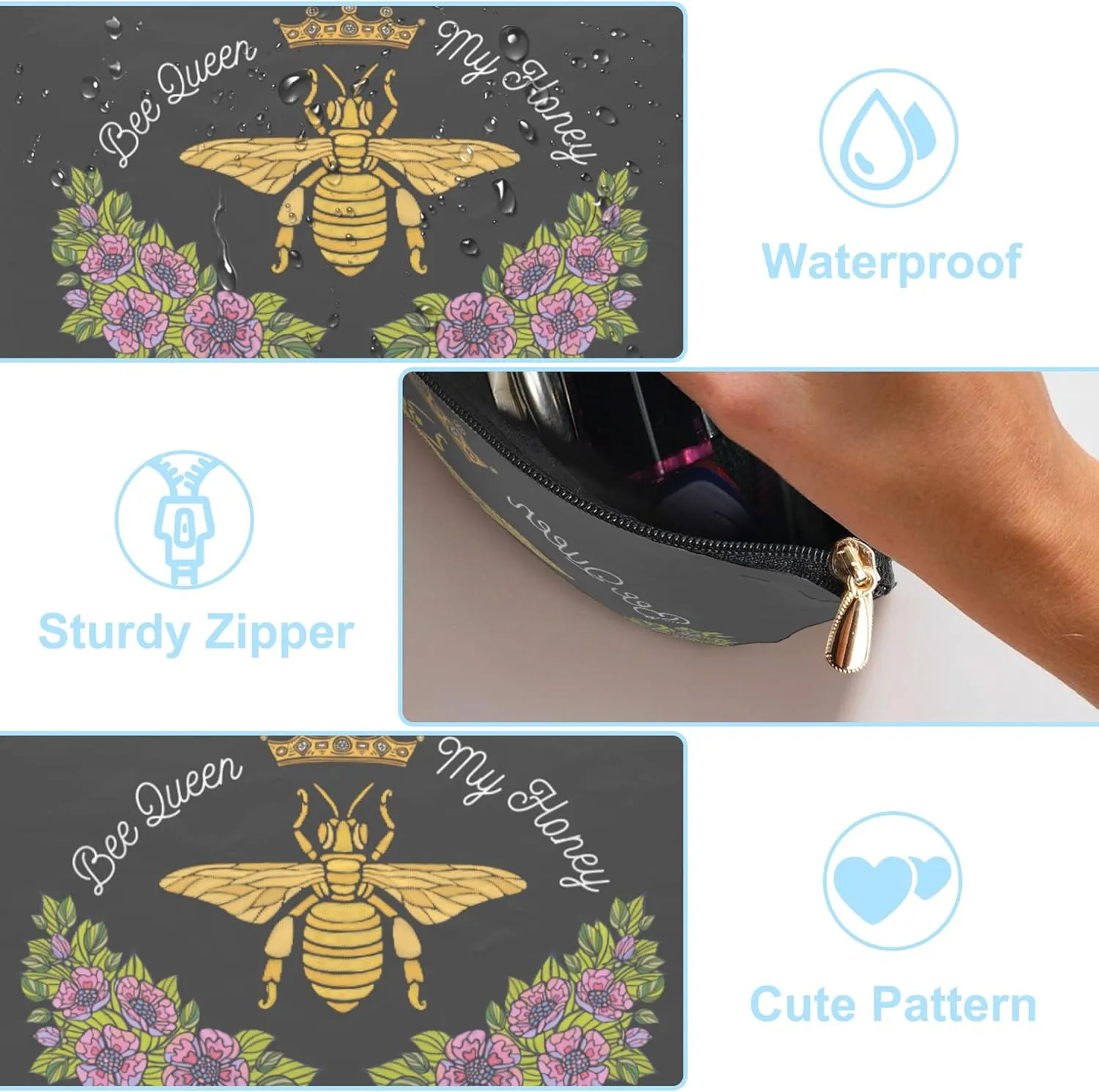 Small Makeup Bag Bee Crown Flowers Cosmetic Bag for Women Portable Purse Travel Toiletry Bag Accessories Organizer Zipper Pouch