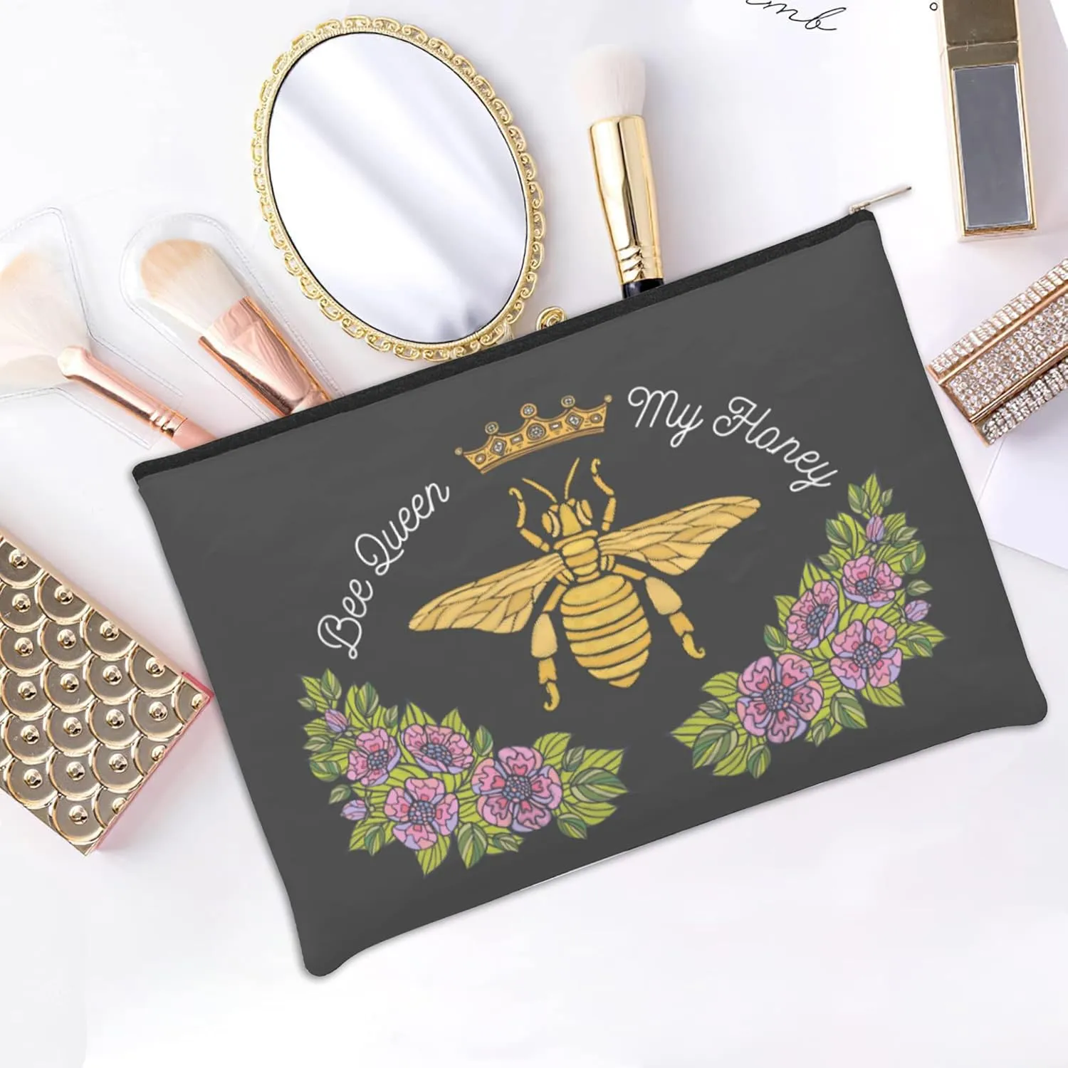 Small Makeup Bag Bee Crown Flowers Cosmetic Bag for Women Portable Purse Travel Toiletry Bag Accessories Organizer Zipper Pouch