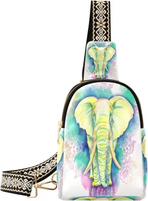 Small Sling Bag Fanny Packs Crossbody Bags for Women Elephant Watercolor Flower Leather Fashion Chest Bag Belt Bag for Women for Travel Sports Running Hiking