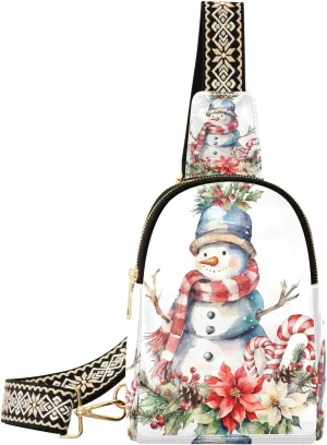 Small Sling Bag Fanny Packs Crossbody Bags for Women Watercolor Snowman Leather Fashion Chest Bag Belt Bag for Women for Travel Sports Running Hiking