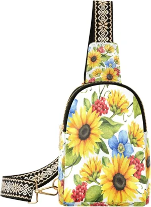 Small Sling Bag for Women Floral Sunflowers Poppies Berries PC Leather Fanny Pack Crossbody Flowers Leaves Fashion Waist Packs Chest Bag for Travel Sports Running Hiking