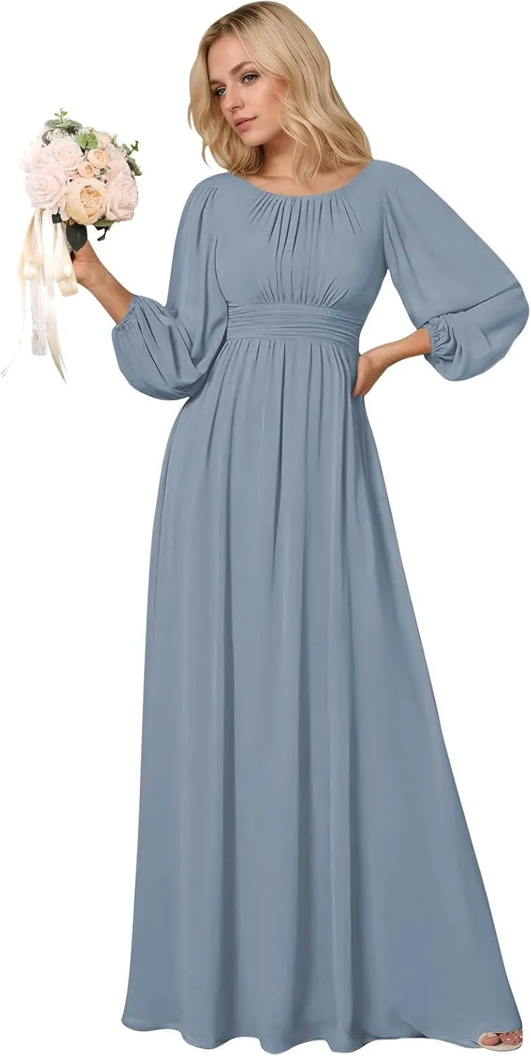 SOLODISH Modest Long Sleeve Bridesmaid Dresses A Line Chiffon Formal Dresses for Women