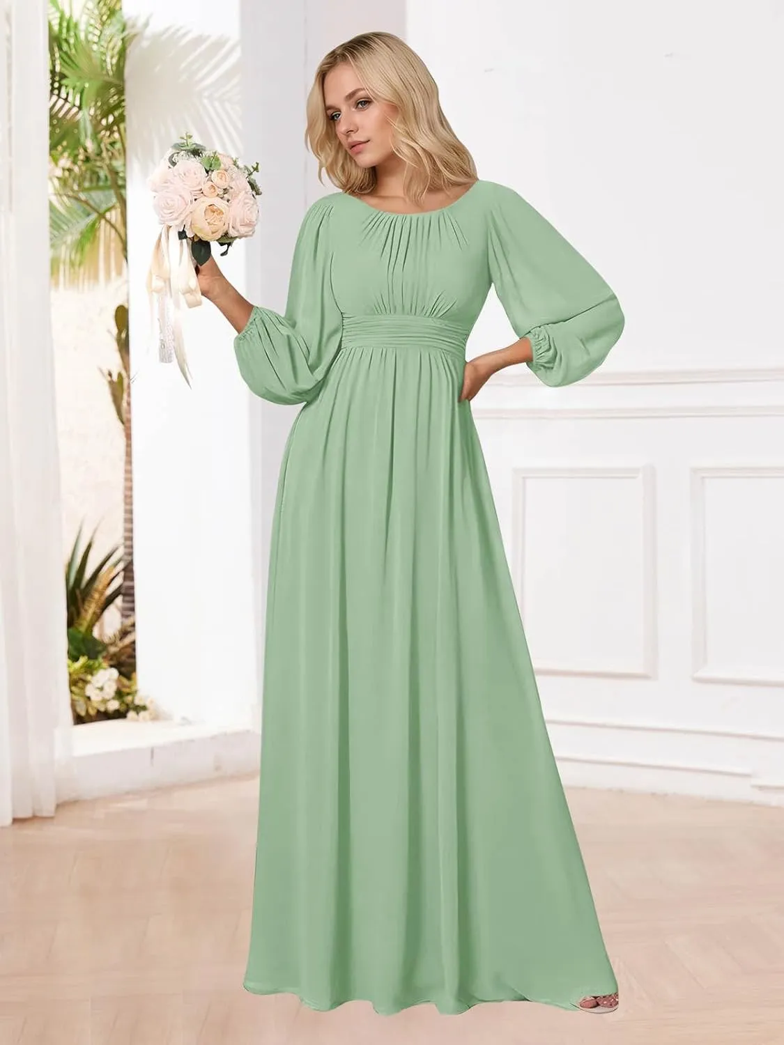SOLODISH Modest Long Sleeve Bridesmaid Dresses A Line Chiffon Formal Dresses for Women