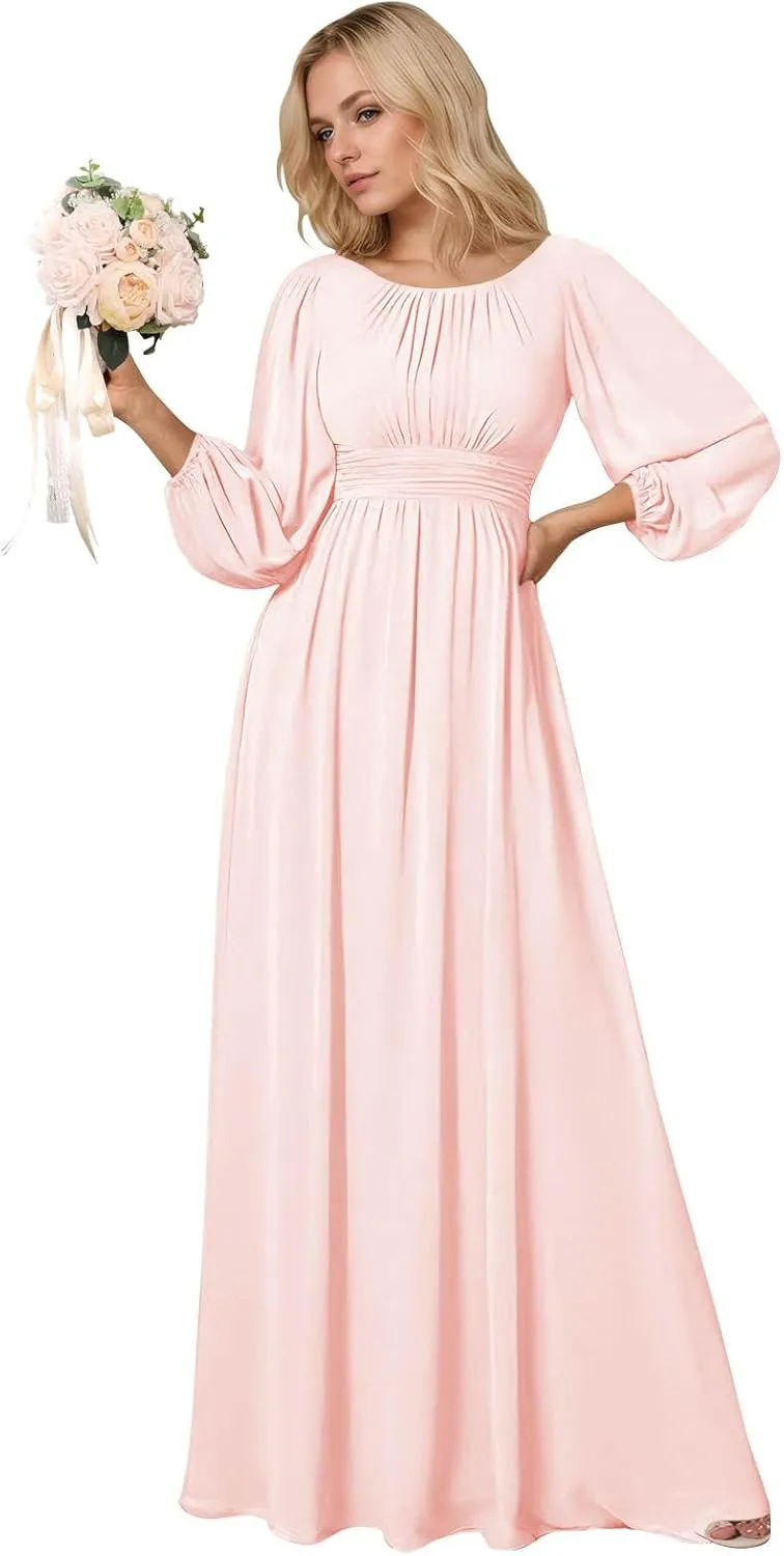SOLODISH Modest Long Sleeve Bridesmaid Dresses A Line Chiffon Formal Dresses for Women