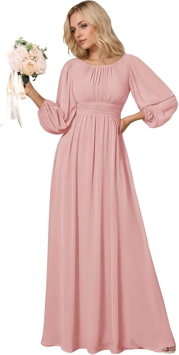 SOLODISH Modest Long Sleeve Bridesmaid Dresses A Line Chiffon Formal Dresses for Women