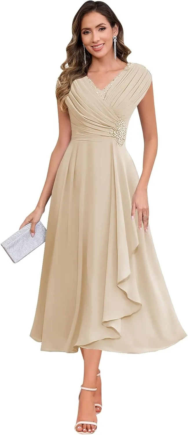 SOLODISH Mother of The Bride Dresses for Wedding Tea Length Chiffon A Line Formal Wedding Guest Party Gown