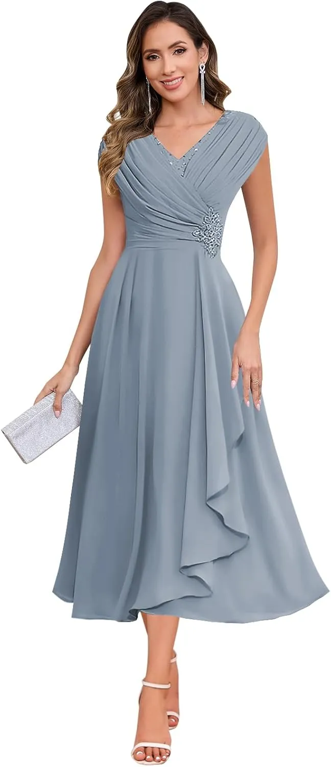 SOLODISH Mother of The Bride Dresses for Wedding Tea Length Chiffon A Line Formal Wedding Guest Party Gown