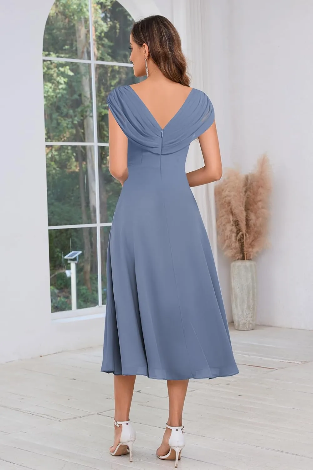 SOLODISH Mother of The Bride Dresses for Wedding Tea Length Chiffon A Line Formal Wedding Guest Party Gown