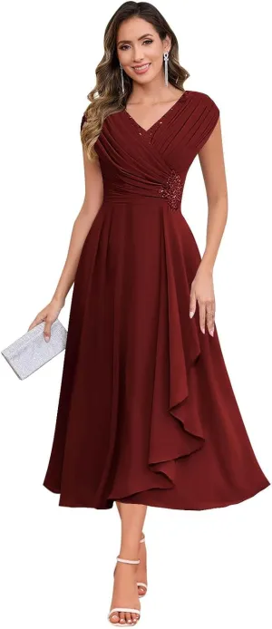 SOLODISH Mother of The Bride Dresses for Wedding Tea Length Chiffon A Line Formal Wedding Guest Party Gown