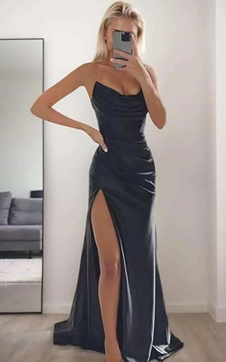 SOLODISH Satin Prom Dresses for Women Strapless Mermaid Cowl Neck Formal Evening Party Gown