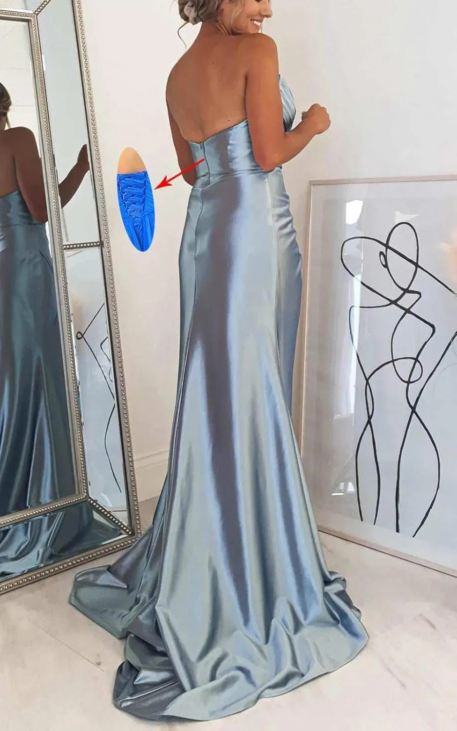 SOLODISH Satin Prom Dresses for Women Strapless Mermaid Cowl Neck Formal Evening Party Gown