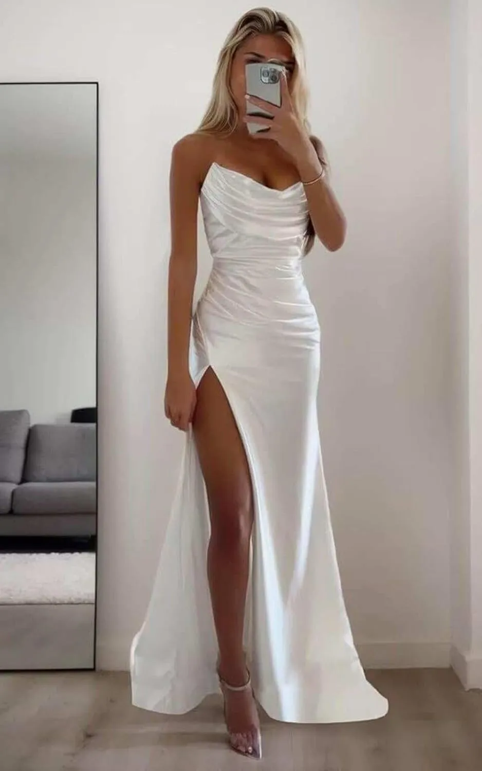 SOLODISH Satin Prom Dresses for Women Strapless Mermaid Cowl Neck Formal Evening Party Gown
