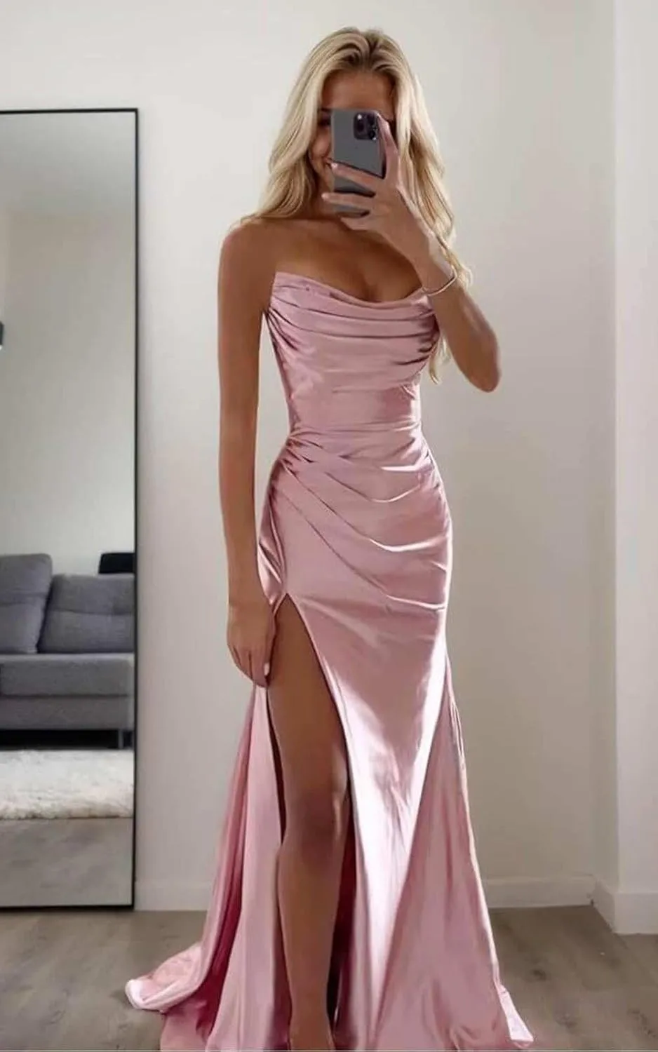 SOLODISH Satin Prom Dresses for Women Strapless Mermaid Cowl Neck Formal Evening Party Gown