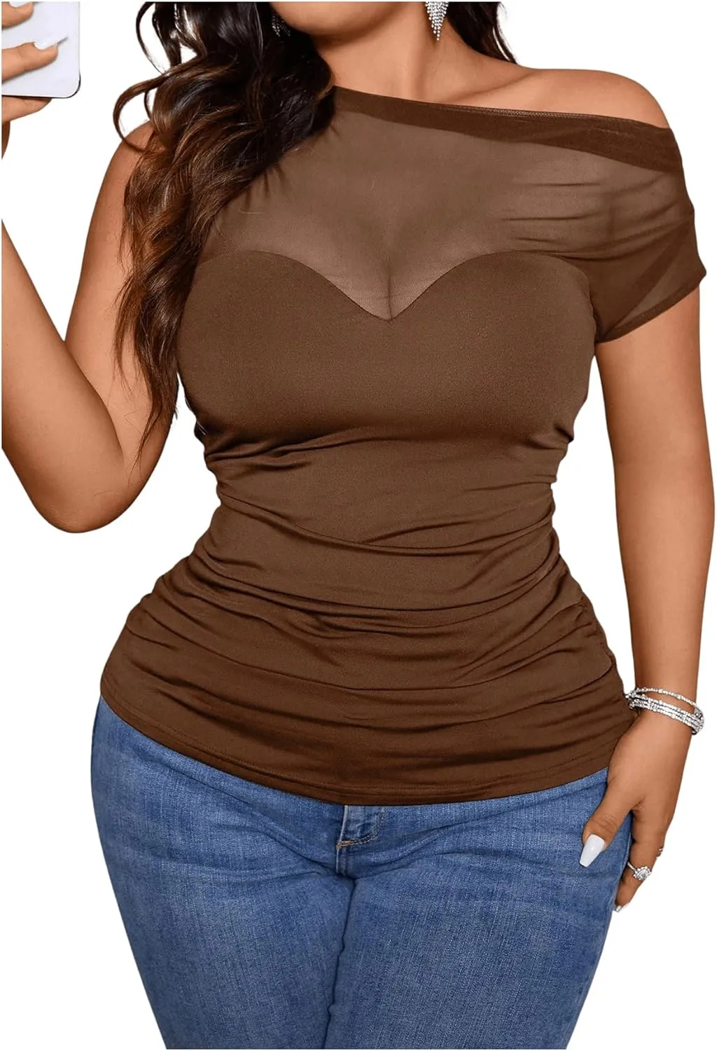 SOLY HUX Women's Plus Size Tops Sheer Mesh Off Shoulder Short Sleeve Ruched Tee Summer T Shirts