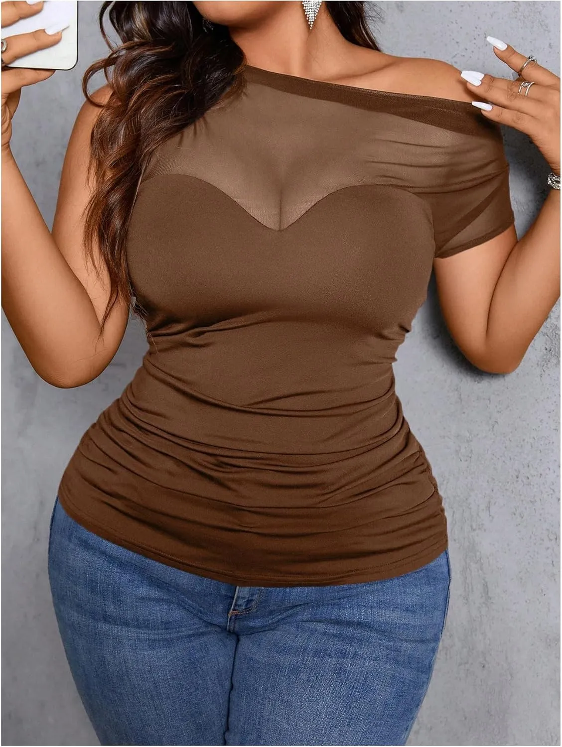 SOLY HUX Women's Plus Size Tops Sheer Mesh Off Shoulder Short Sleeve Ruched Tee Summer T Shirts
