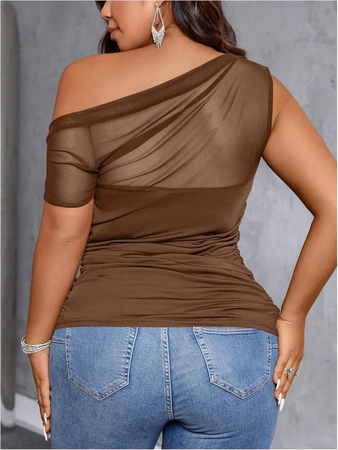 SOLY HUX Women's Plus Size Tops Sheer Mesh Off Shoulder Short Sleeve Ruched Tee Summer T Shirts