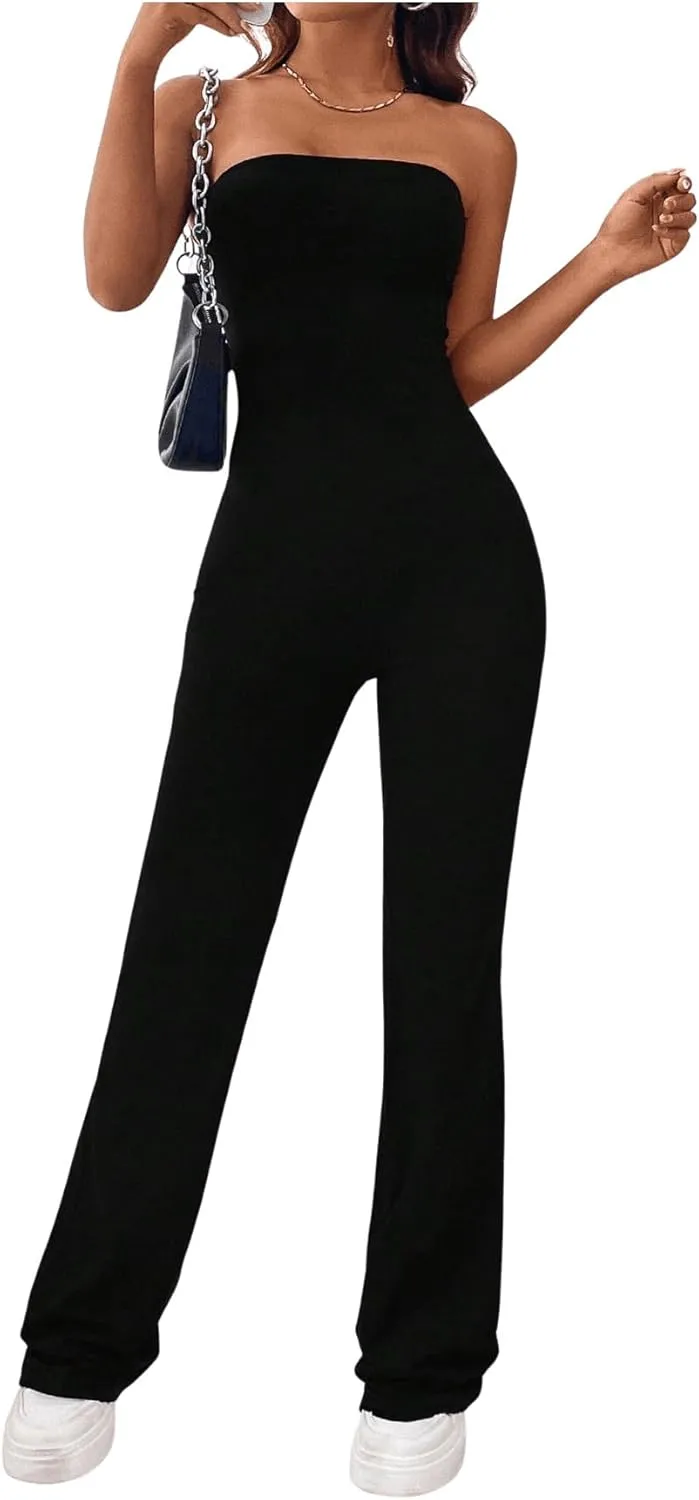 SOLY HUX Women's Strapless Sleeveless Tube Jumpsuit Summer Flare Leg Long Pants