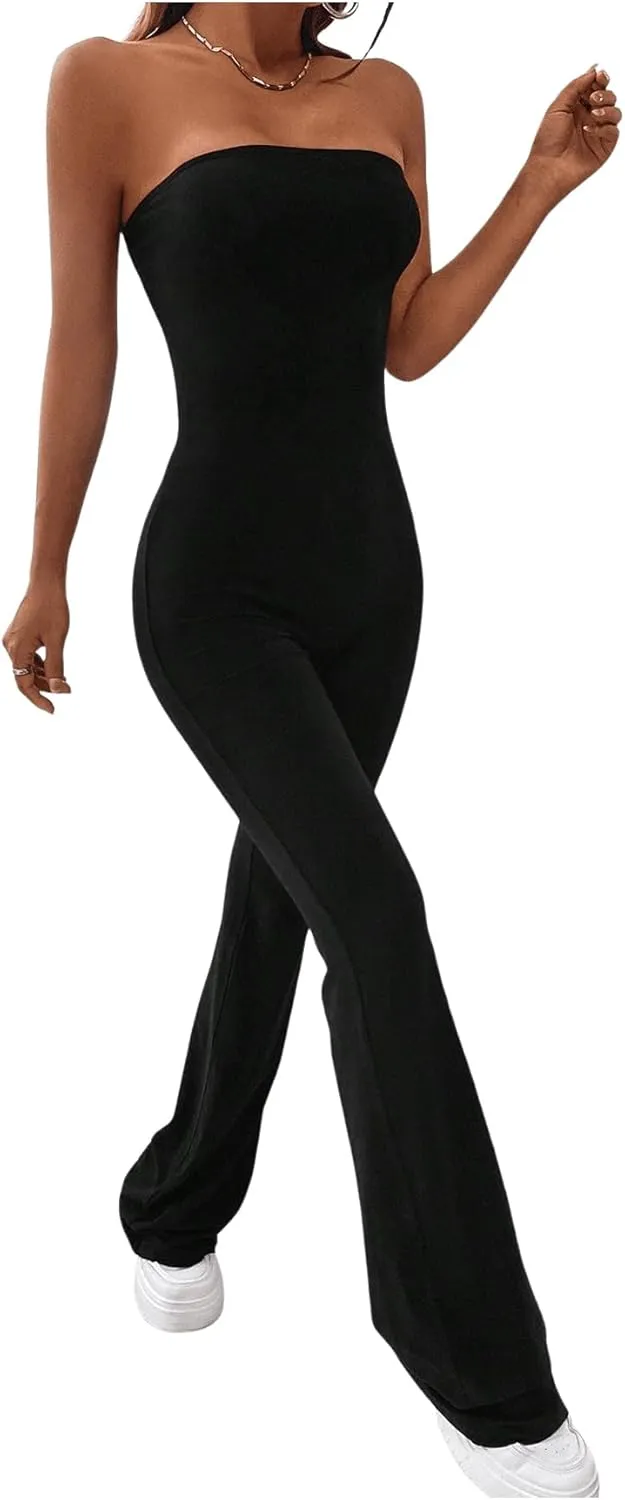 SOLY HUX Women's Strapless Sleeveless Tube Jumpsuit Summer Flare Leg Long Pants