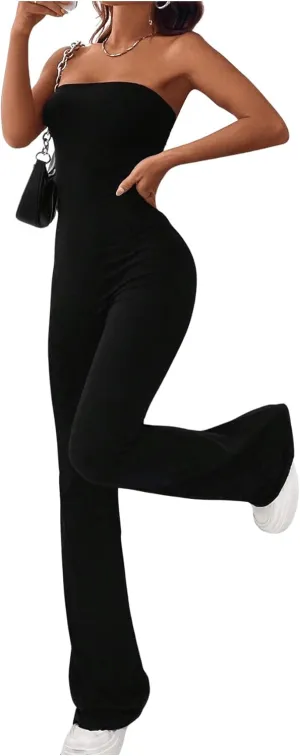 SOLY HUX Women's Strapless Sleeveless Tube Jumpsuit Summer Flare Leg Long Pants