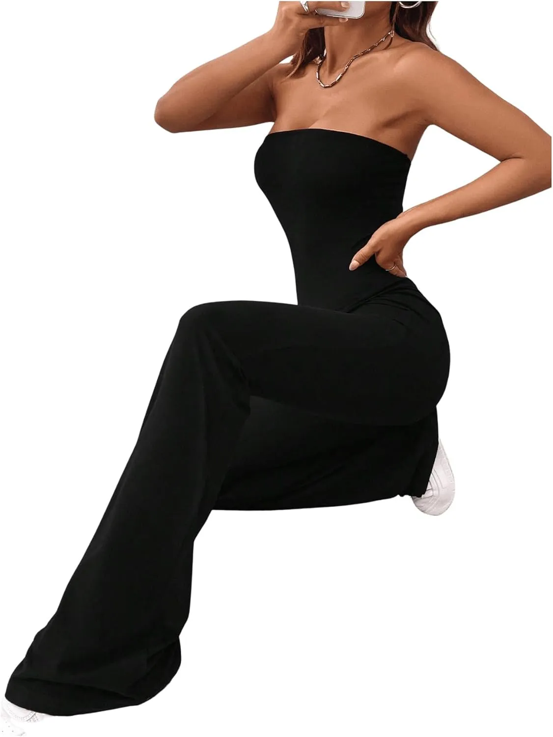 SOLY HUX Women's Strapless Sleeveless Tube Jumpsuit Summer Flare Leg Long Pants