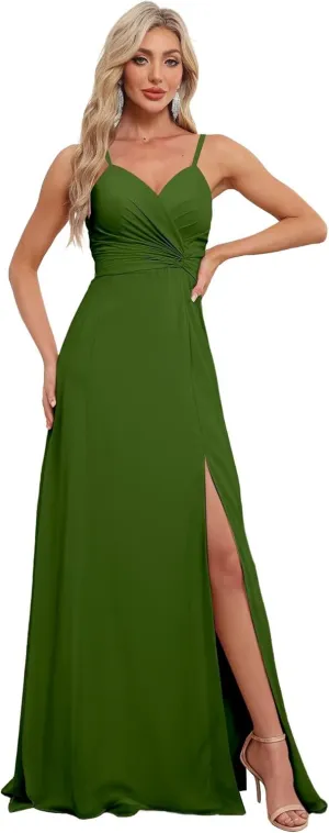Spaghetti Straps Chiffon Bridesmaid Dresses with Slit for Women Long A Line V-Neck Formal Evening Dress