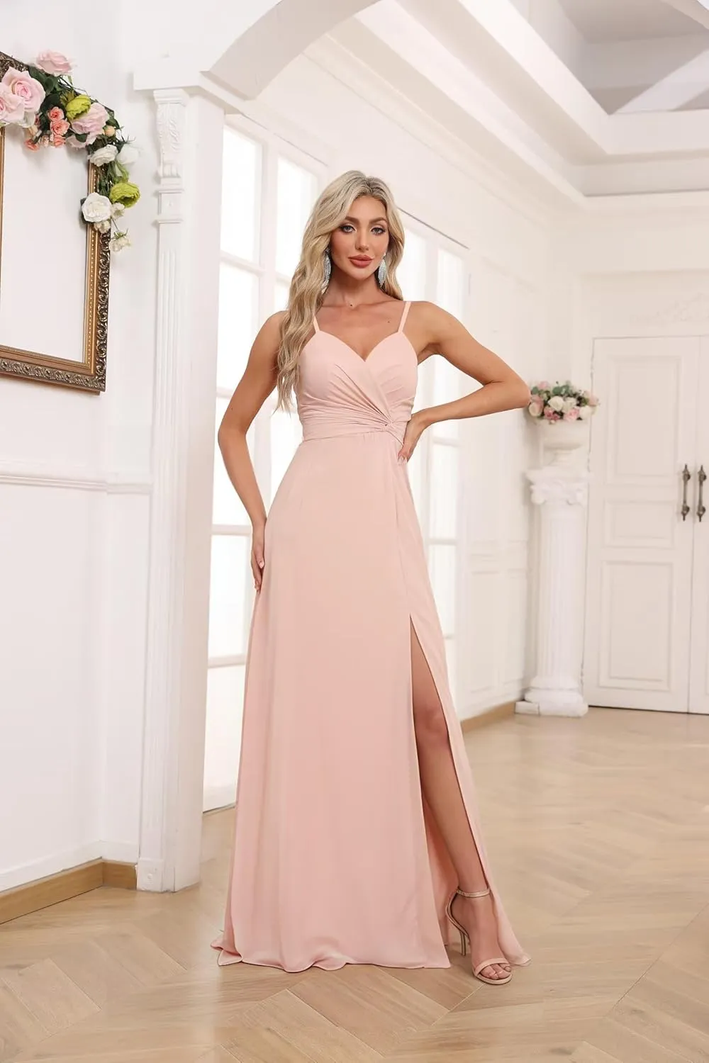 Spaghetti Straps Chiffon Bridesmaid Dresses with Slit for Women Long A Line V-Neck Formal Evening Dress