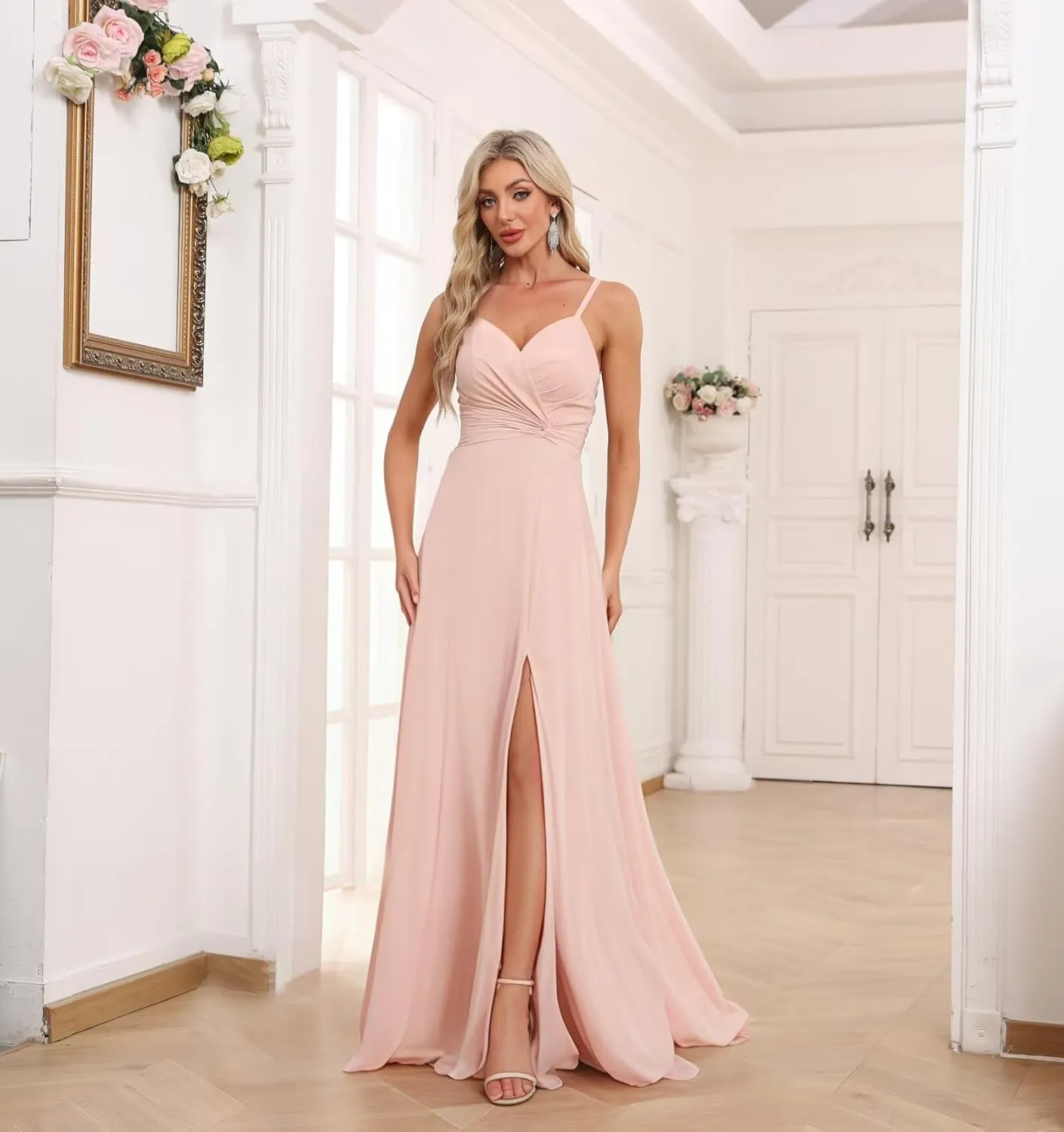 Spaghetti Straps Chiffon Bridesmaid Dresses with Slit for Women Long A Line V-Neck Formal Evening Dress