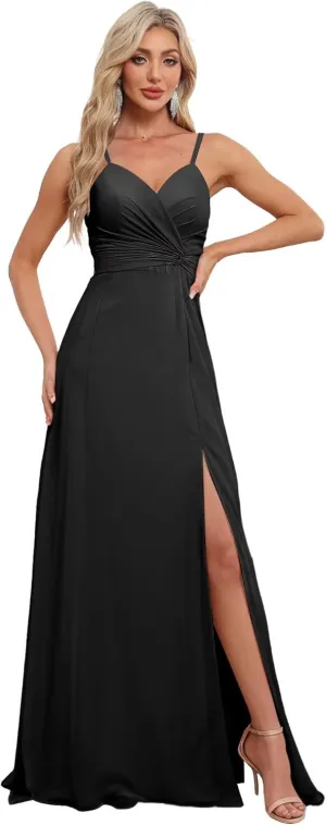 Spaghetti Straps Chiffon Bridesmaid Dresses with Slit for Women Long A Line V-Neck Formal Evening Dress