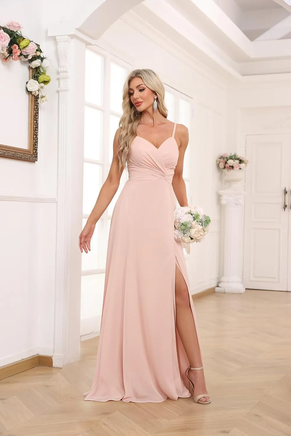 Spaghetti Straps Chiffon Bridesmaid Dresses with Slit for Women Long A Line V-Neck Formal Evening Dress