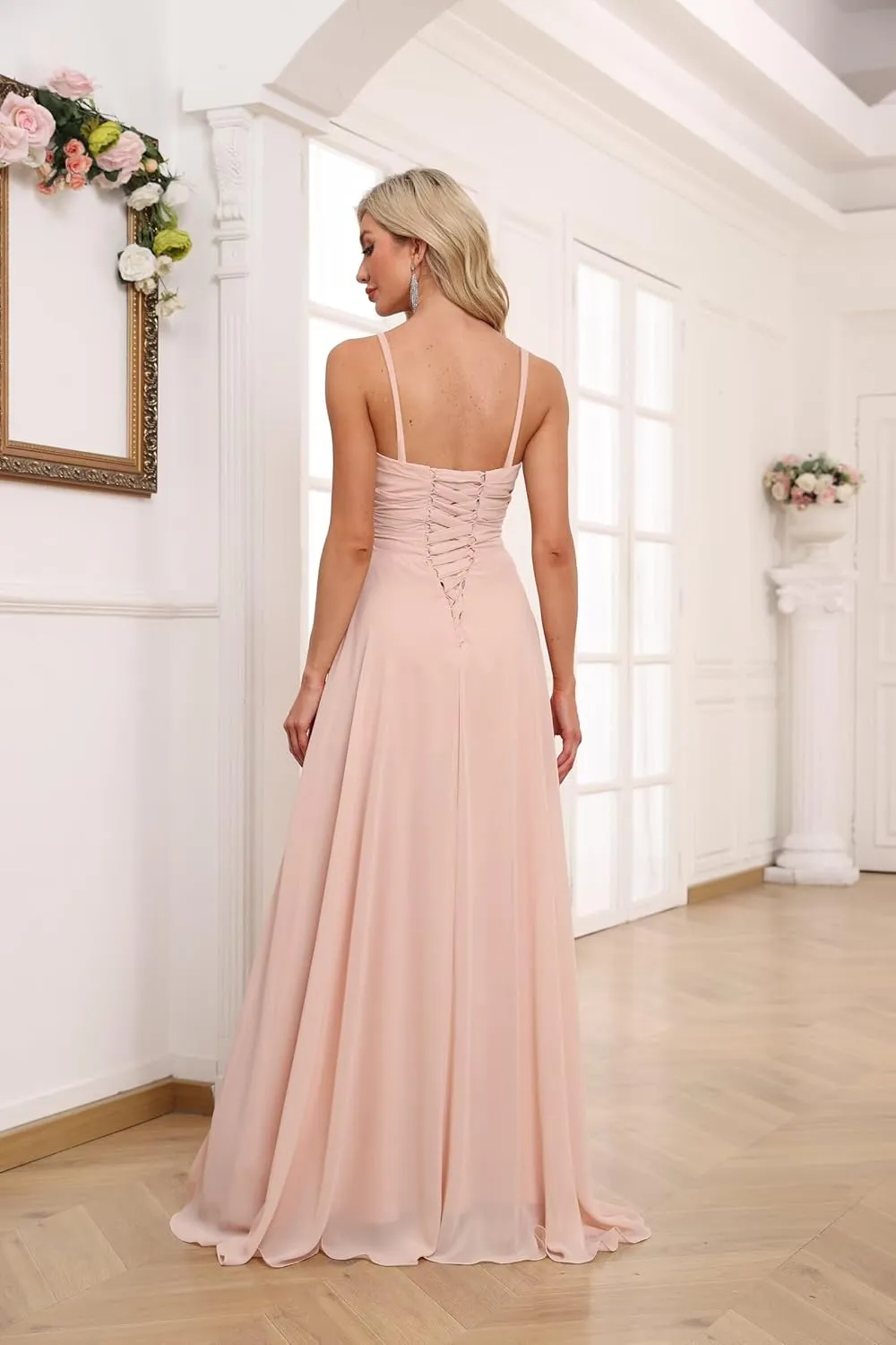 Spaghetti Straps Chiffon Bridesmaid Dresses with Slit for Women Long A Line V-Neck Formal Evening Dress