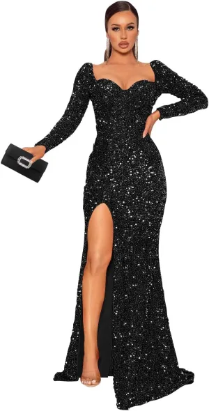 Sparkly Mermaid Long Prom Dresses 2025 with Slit Sequin Formal Evening Gowns for Women with Train RO009