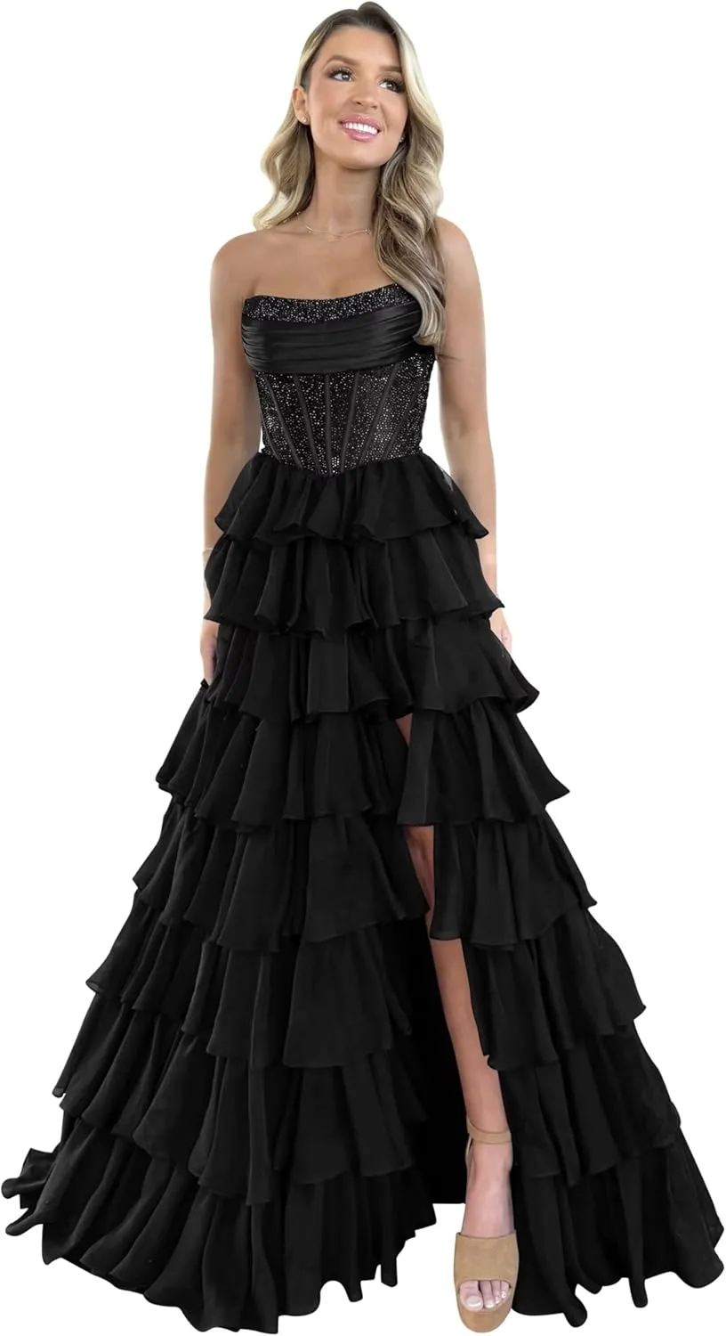 Strapless Ruffles Prom Dresses for Women Sparkly Tiered Chiffon Corset Long Formal Evening Gowns with Slit