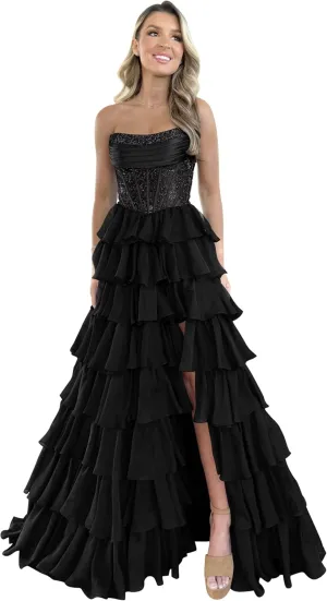 Strapless Ruffles Prom Dresses for Women Sparkly Tiered Chiffon Corset Long Formal Evening Gowns with Slit