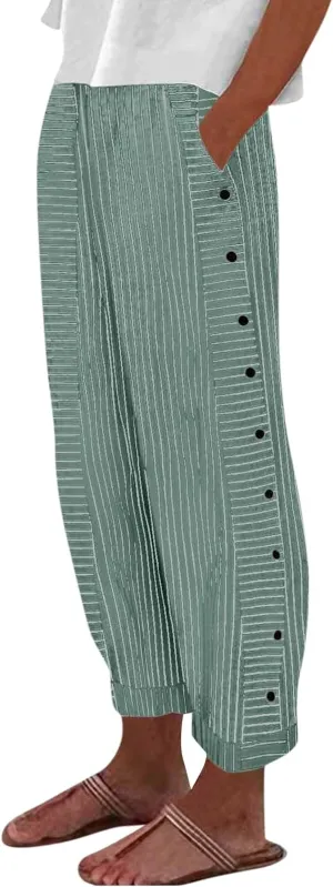 Striped Pants Women Elastic High Waisted Baggy Wide Leg Pants Vintage Cropped Trouser Lounge Pants with Pockets