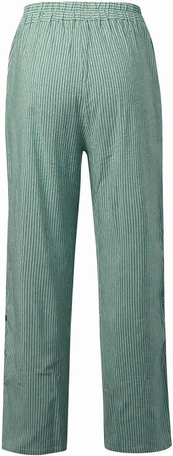 Striped Pants Women Elastic High Waisted Baggy Wide Leg Pants Vintage Cropped Trouser Lounge Pants with Pockets