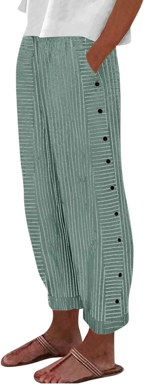 Striped Pants Women Elastic High Waisted Baggy Wide Leg Pants Vintage Cropped Trouser Lounge Pants with Pockets