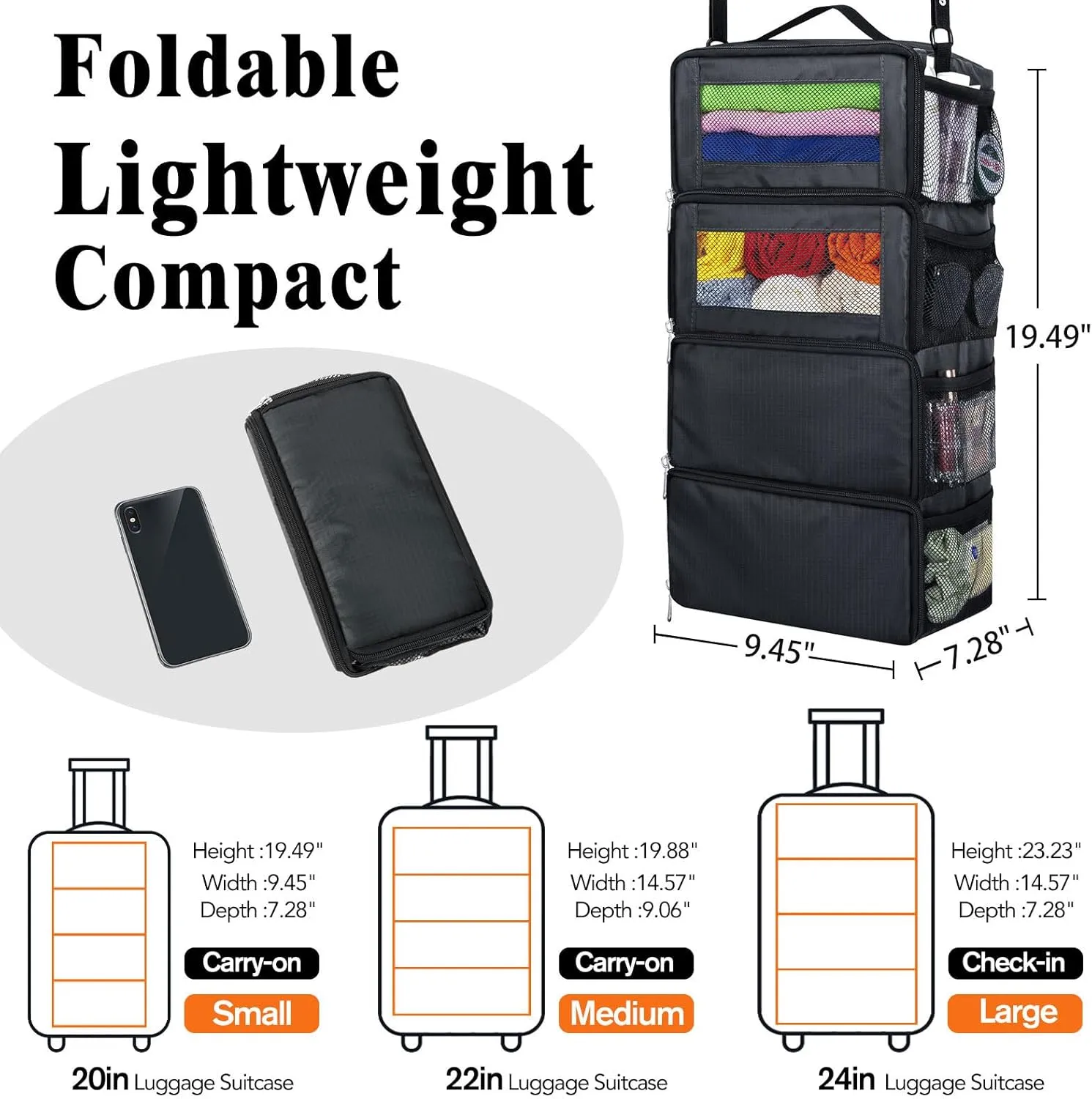 Suitcase Organizer, Carry On Closet Luggage Organizer Accessories - Foldable, Hangable Portable Hanging Travel Shelves With Shoulder Strap, Small, Black